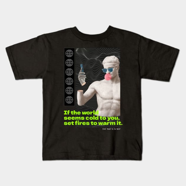 Modern futuristic techno retro quote greek god aesthetic Kids T-Shirt by RedCrunch